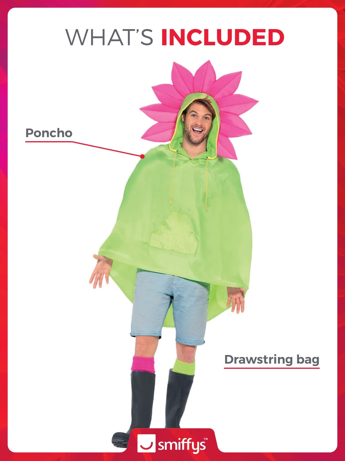 Smiffys Flower Party Poncho, Green with Drawstring Bag, Party Poncho Fancy Dress, Adult Dress Up Costumes - Image 3