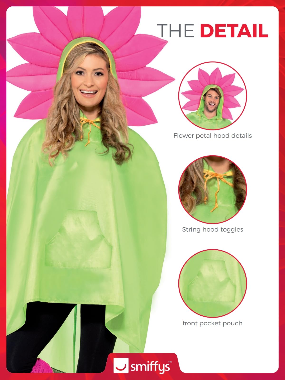 Smiffys Flower Party Poncho, Green with Drawstring Bag, Party Poncho Fancy Dress, Adult Dress Up Costumes - Image 4