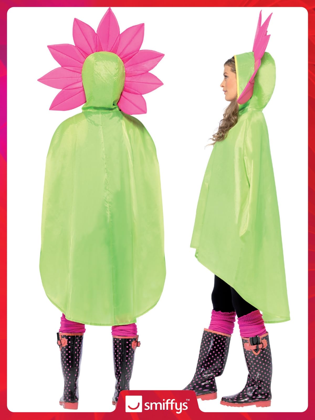 Smiffys Flower Party Poncho, Green with Drawstring Bag, Party Poncho Fancy Dress, Adult Dress Up Costumes - Image 5